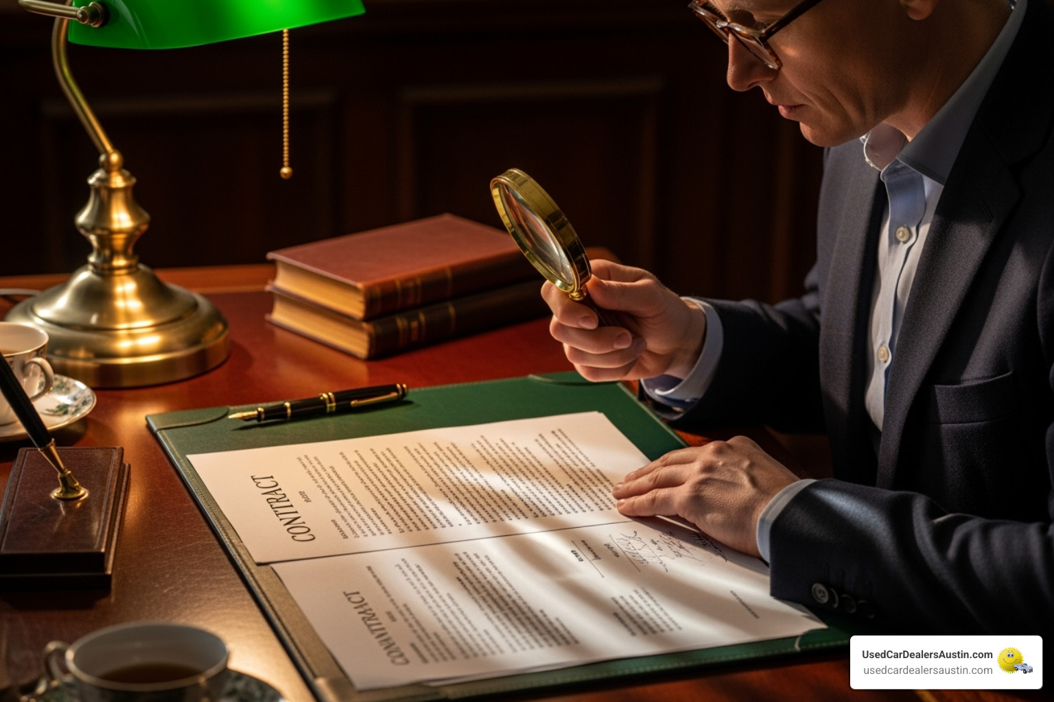 Person carefully reviewing a contract with a magnifying glass - no money down cheap used cars with warranties