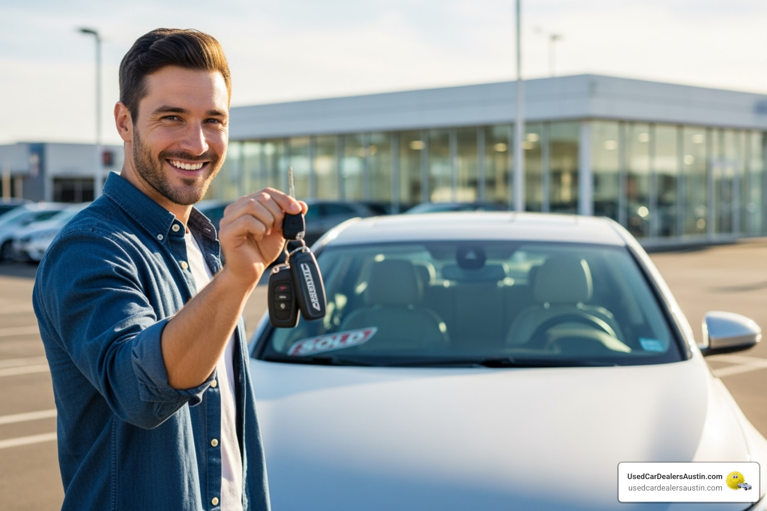 Smiling person holding car keys in front of a clean used sedan - no money down cheap used cars with warranties