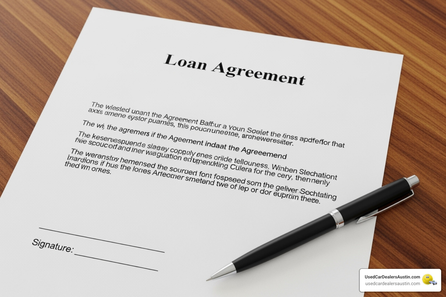 Document with"Loan Agreement" at the top - no money down cheap used cars with warranties