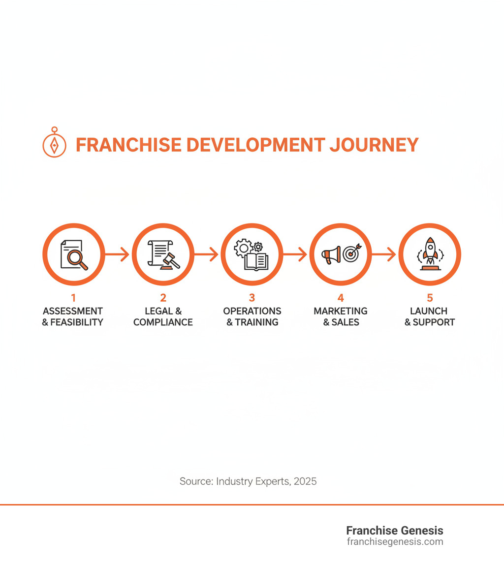Infographic showing the 5 key stages of franchise development: 1) Business Assessment and Feasibility Study, 2) Legal Documentation and Compliance, 3) Operations Manual and Training Program Development, 4) Marketing and Sales System Creation, 5) Launch and Ongoing Support - business franchise consultants infographic 