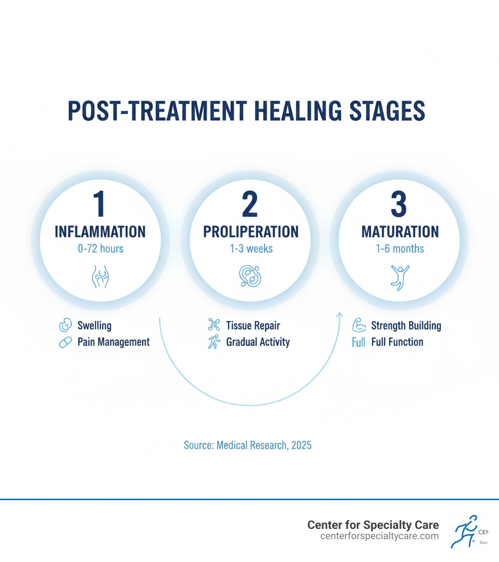 Infographic showing the three stages of post-treatment healing: Stage 1 Inflammation (0-72 hours) with swelling and pain management focus, Stage 2 Proliferation (1-3 weeks) featuring tissue repair and gradual activity increase, and Stage 3 Maturation (1-6 months) emphasizing strength building and full function restoration - post treatment care infographic 