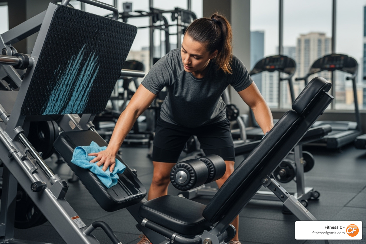 person wiping gym equipment - free guest pass gym