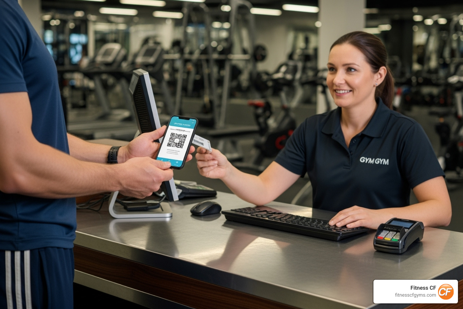 person showing phone with digital pass to staff - free guest pass gym
