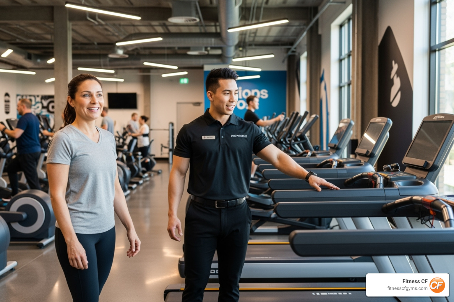 A woman smiling while taking a tour of a gym - gyms that have women's section A woman smiling while taking a tour of a gym - gyms that have women's section
