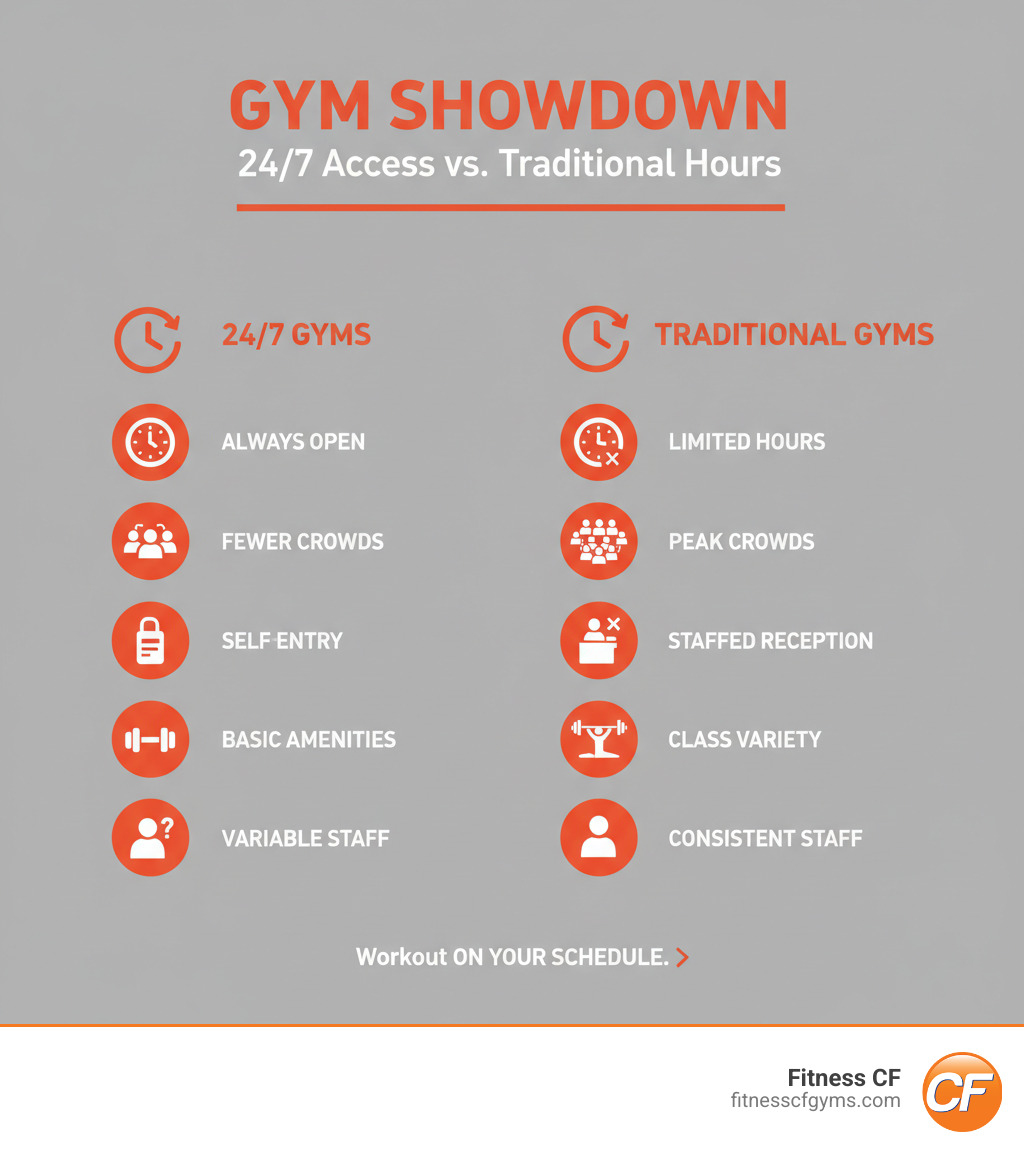 Infographic comparing 24/7 Gyms vs. Traditional Gyms: 24/7 Gyms offer 24/7 access, fewer crowds, self-service entry, focus on basic amenities, and variable staff presence. Traditional Gyms offer limited hours, peak hour crowds, staffed reception, broader class offerings, and consistent staff presence. - gym open late infographic 
