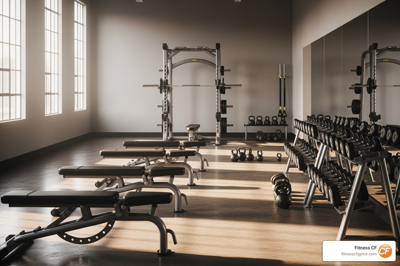 A calm, empty weight room with various free weights and benches, bathed in soft, ambient lighting - gym open late