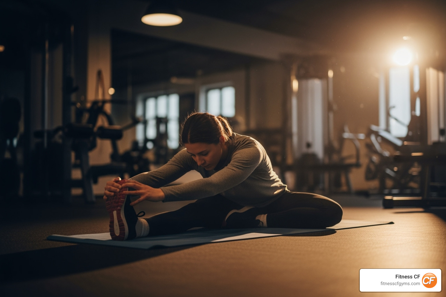 A person performing a deep stretch in a quiet, dimly lit corner of a gym, focusing on flexibility and recovery - gym open late