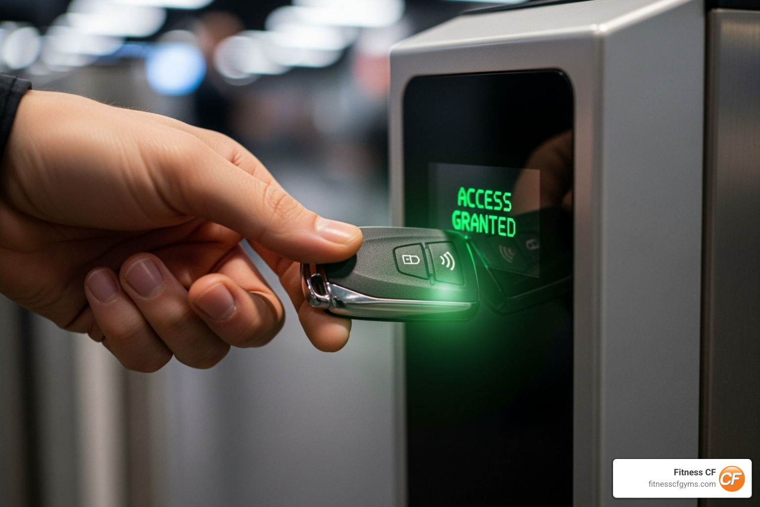 A person's hand holding a key fob, scanning it at a secure gym entrance, with a digital display showing "Access Granted" - gym open late