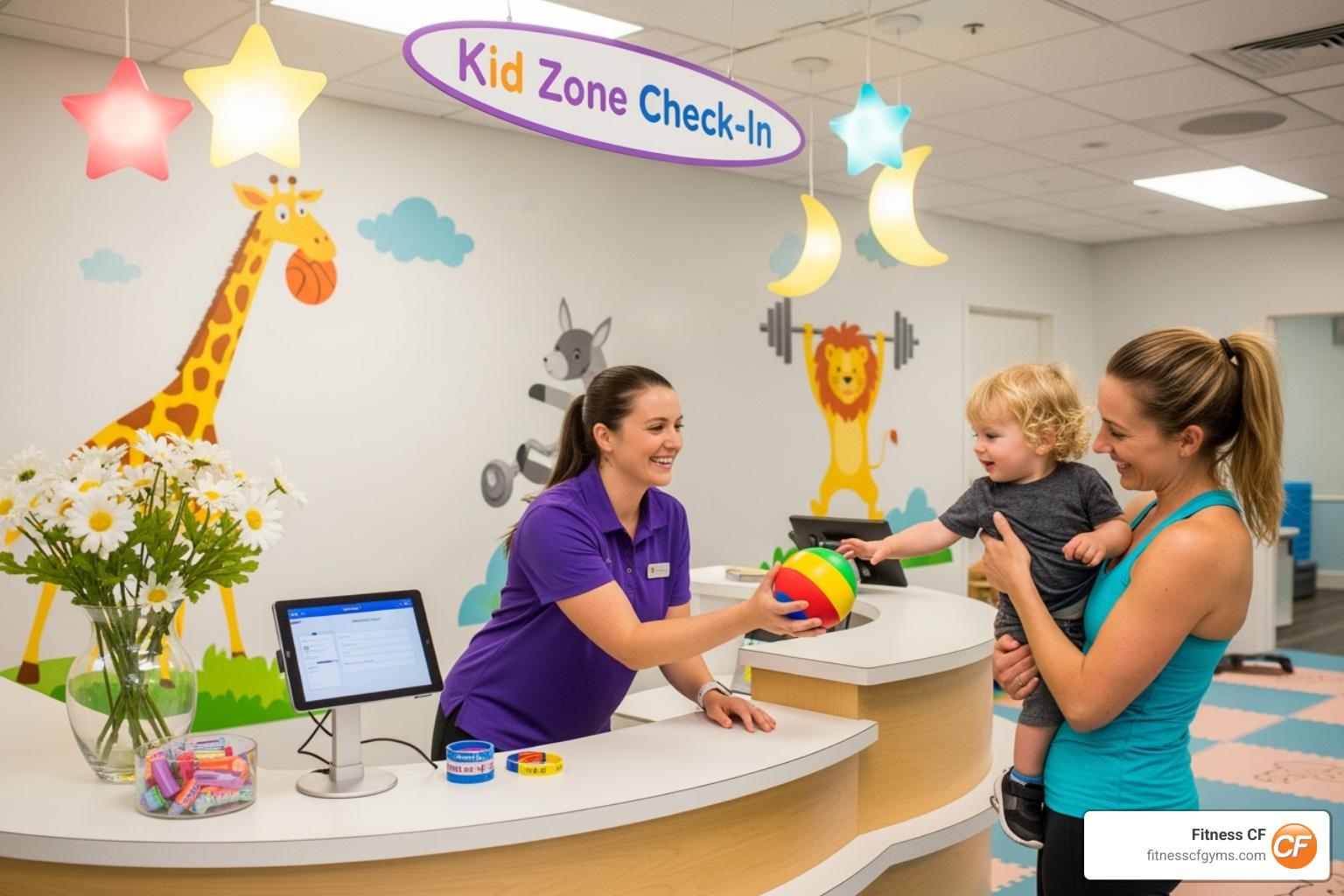 Clean and secure gym childcare check-in desk - best gyms with daycare