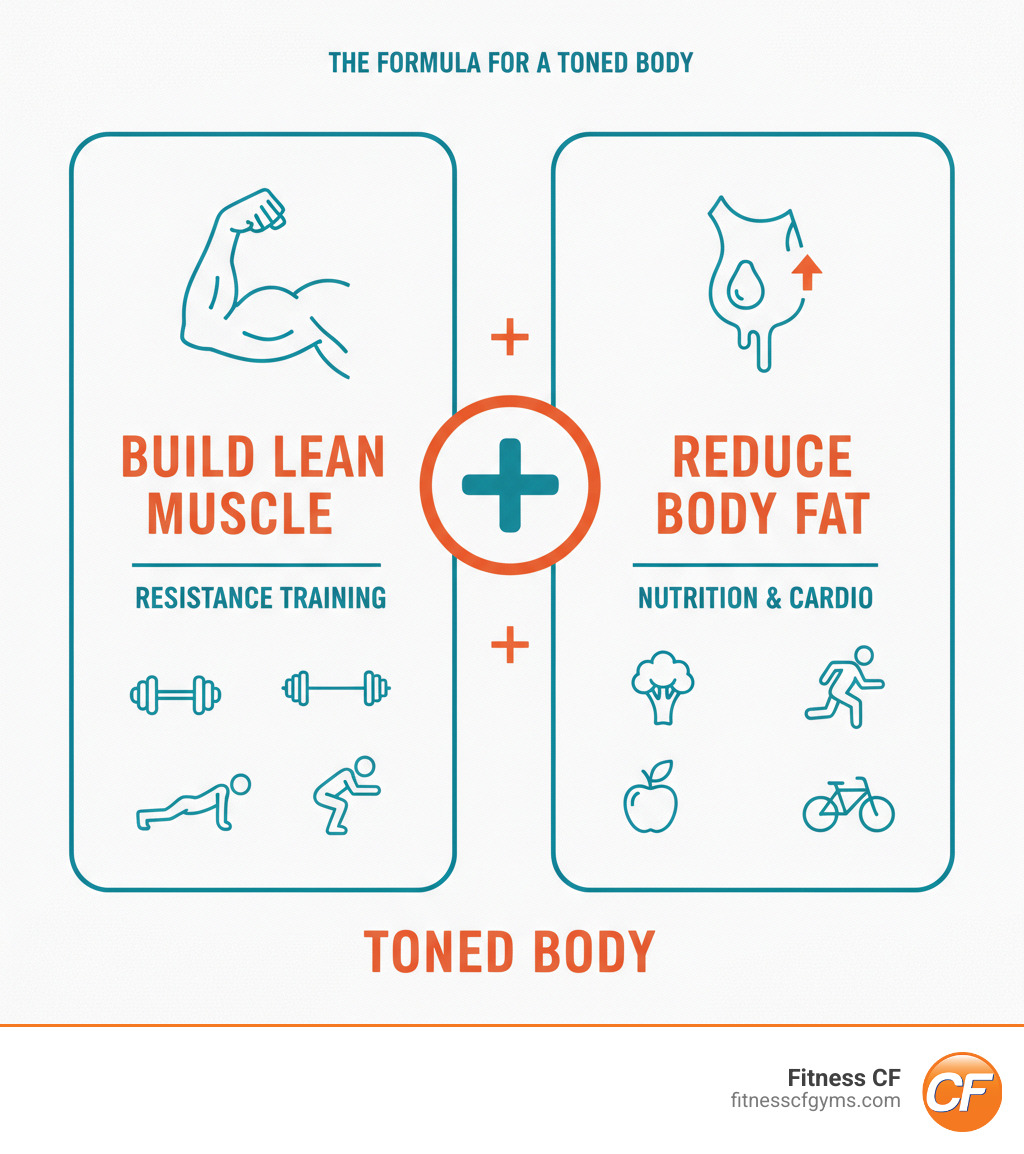 Infographic showing the two key components of achieving a toned body: building lean muscle through resistance training on the left side with icons of dumbbells and exercise movements, and reducing body fat through proper nutrition and cardio on the right side with icons of healthy foods and cardio activities, connected by a plus sign in the center - toned body gym workout infographic 