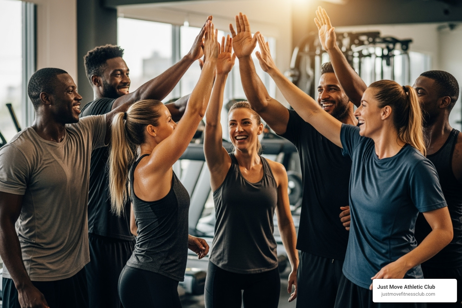 group of people high-fiving after a tough workout - athletic club class schedule