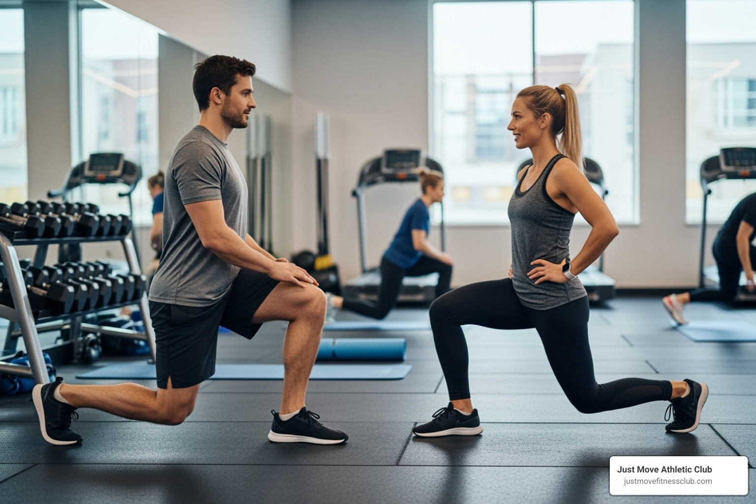 instructor showing a modification to a class participant - athletic club class schedule