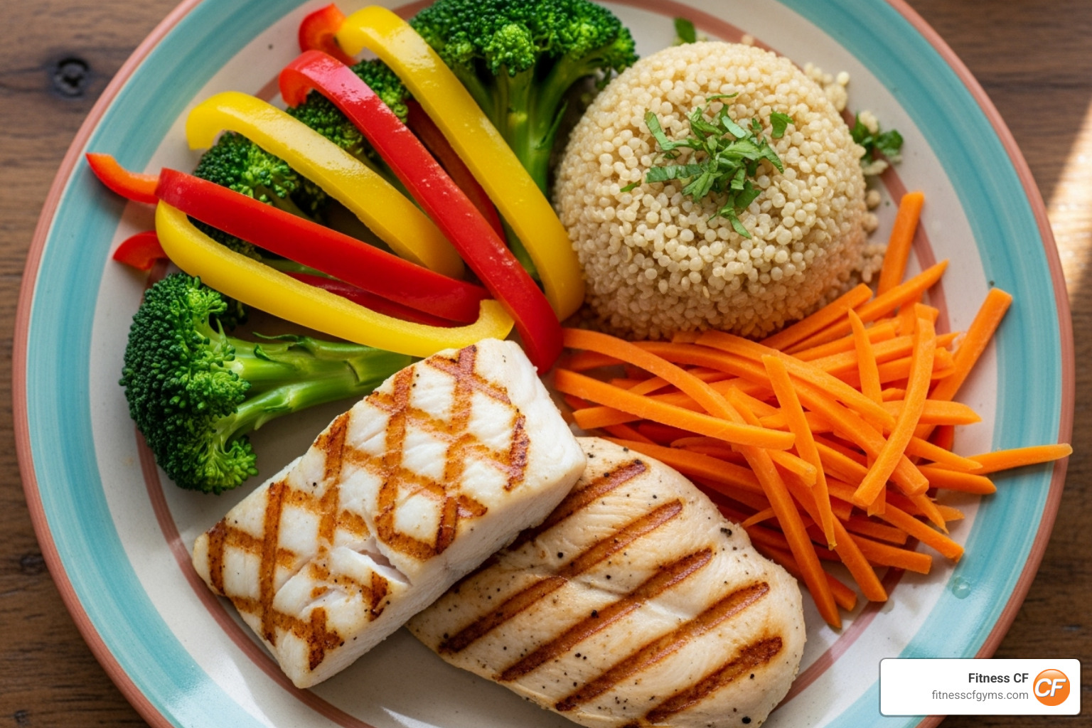 a colorful plate with lean protein, vegetables, and whole grains - toned body gym workout