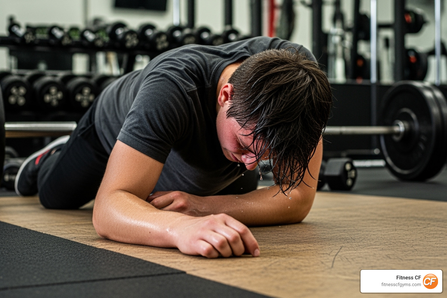 A person looking frustrated and tired after an over-intense workout, illustrating common mistakes to avoid - toned body gym workout