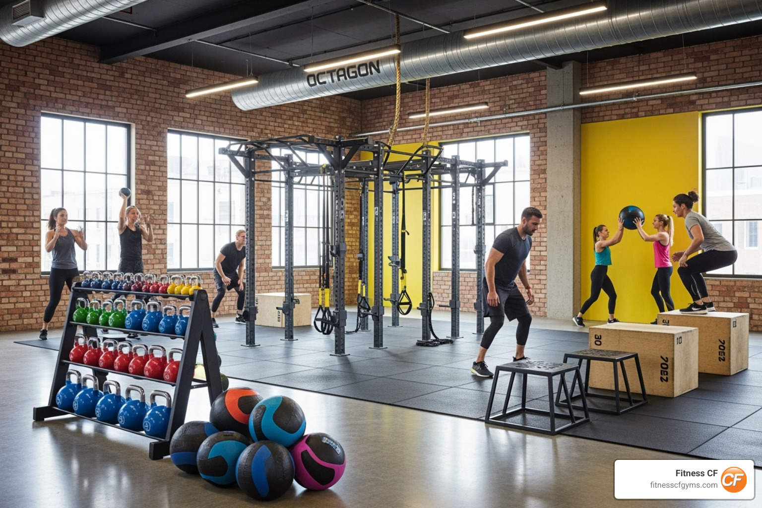 Functional training area in a modern gym with colorful kettlebells, medicine balls, plyo boxes, and an Octagon rig - country club fitness center