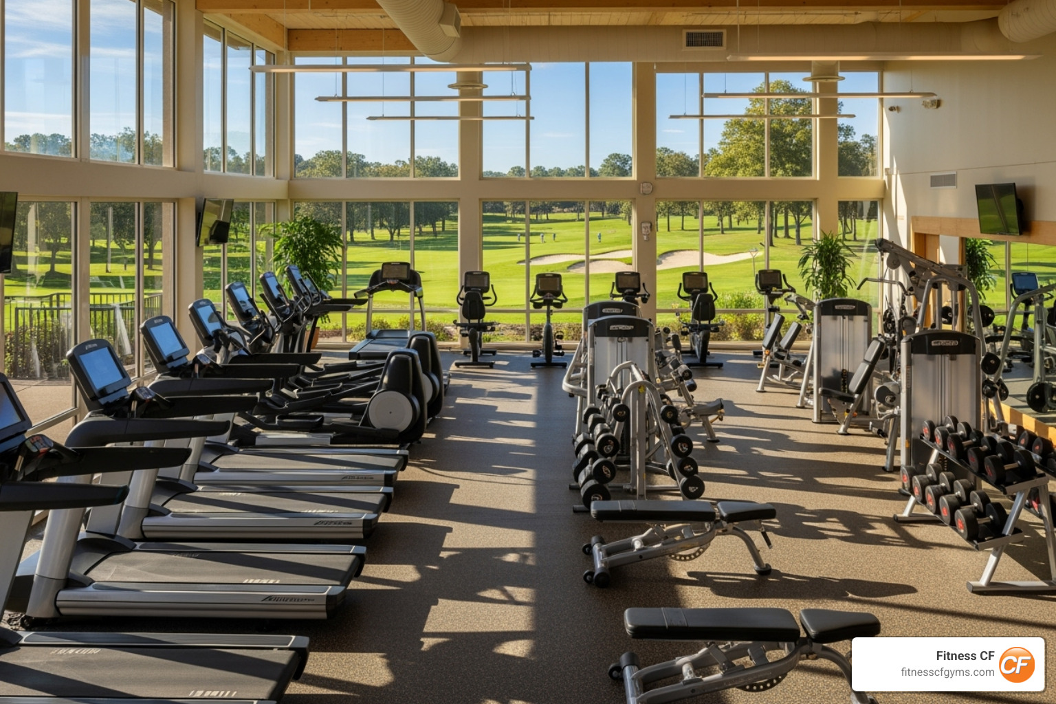Modern, sunlit country club fitness center with rows of cardio machines and strength equipment, large windows offering a view of a golf course - country club fitness center