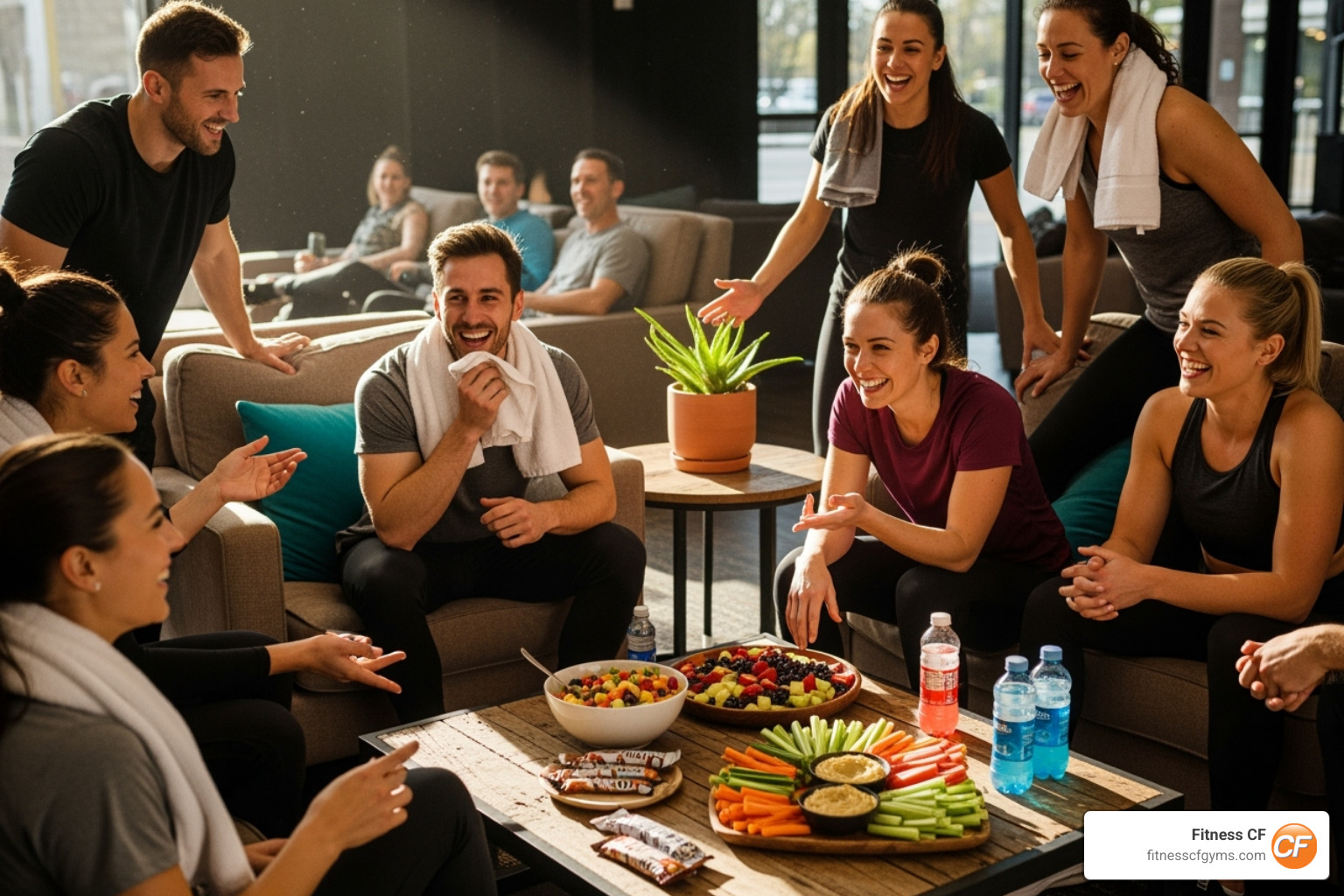 Members socializing and laughing in a comfortable lounge area after a workout, with healthy snacks and drinks on a table - country club fitness center