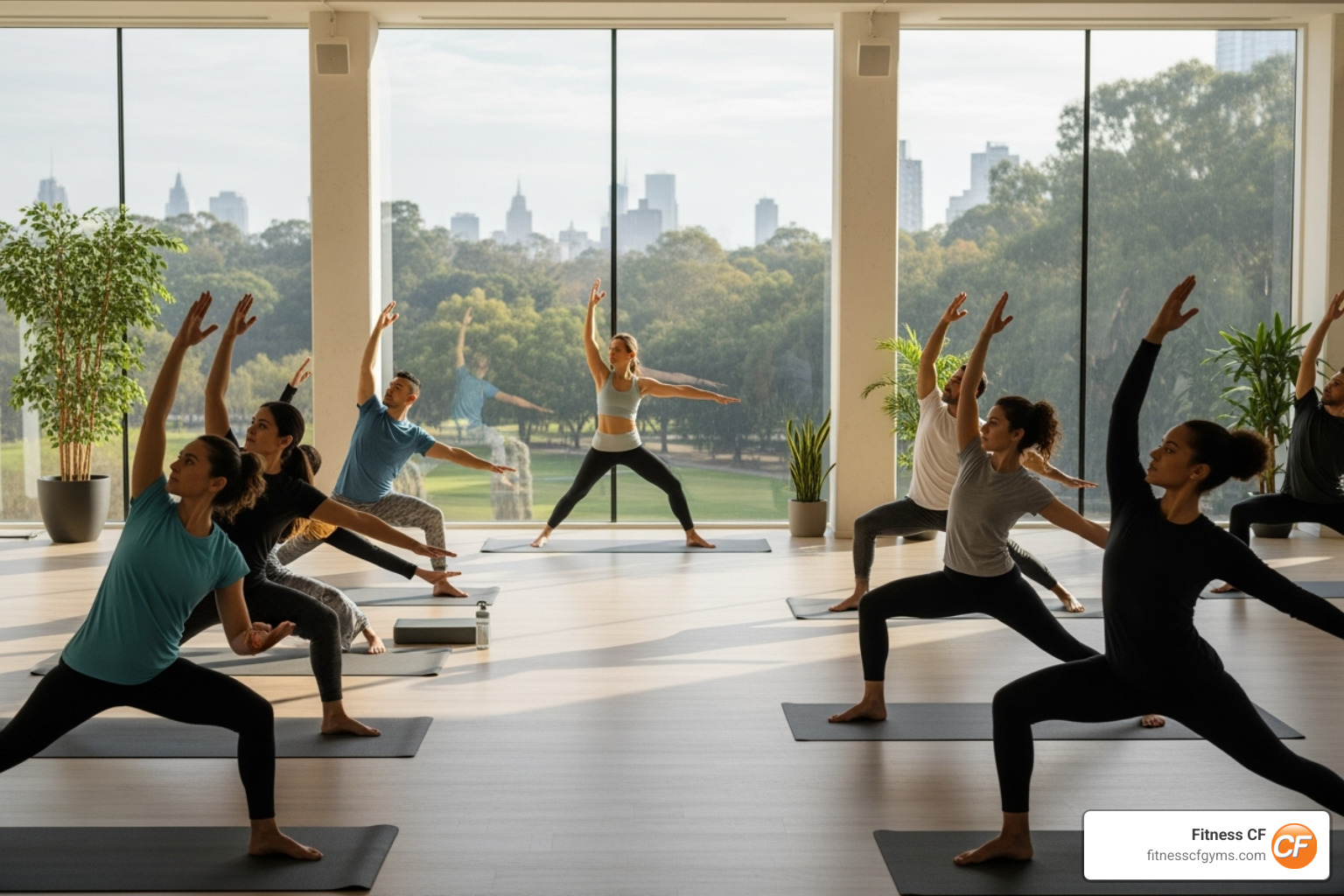 Group of people doing yoga in a bright studio with large windows, led by an instructor - country club fitness center