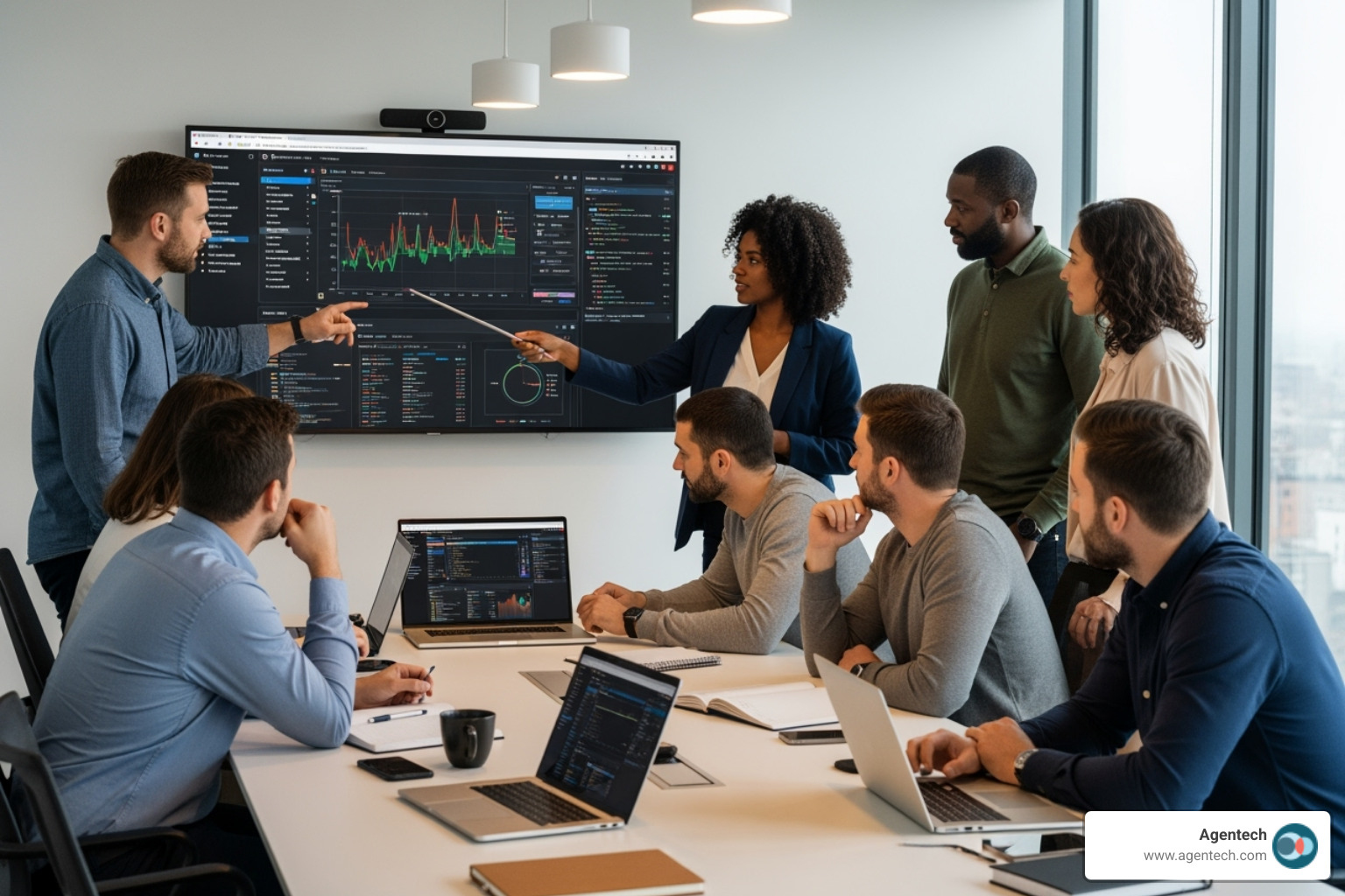 team in a meeting room evaluating software options on a large screen - insurance industry software