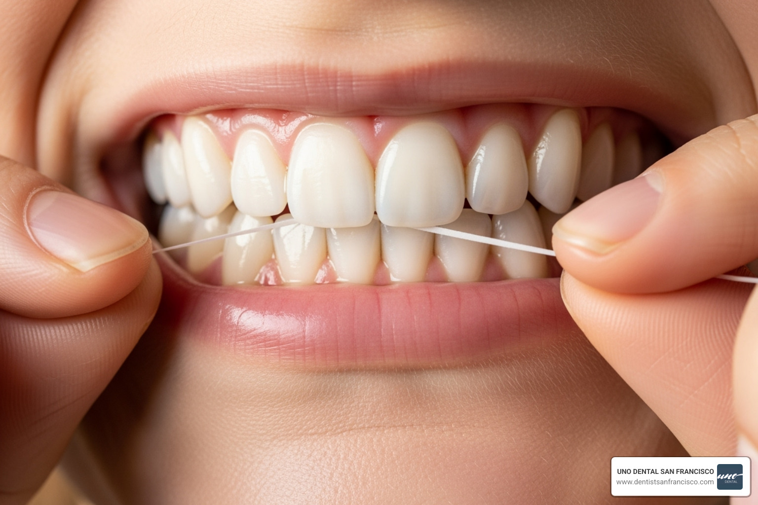 person flossing their bright, white teeth - after teeth whitening person flossing their bright, white teeth - after teeth whitening