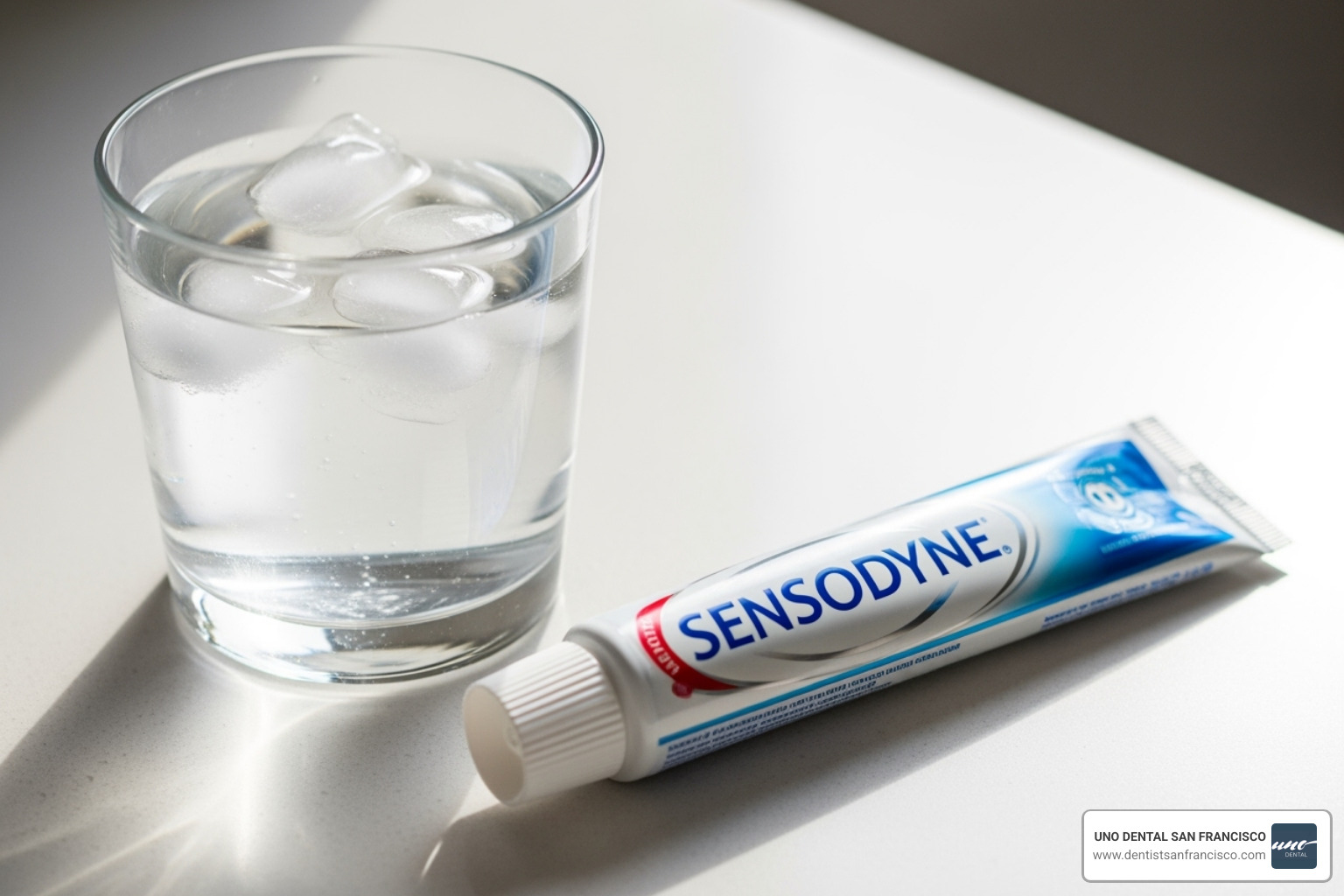 glass of water next to a tube of sensitivity toothpaste - after teeth whitening glass of water next to a tube of sensitivity toothpaste - after teeth whitening