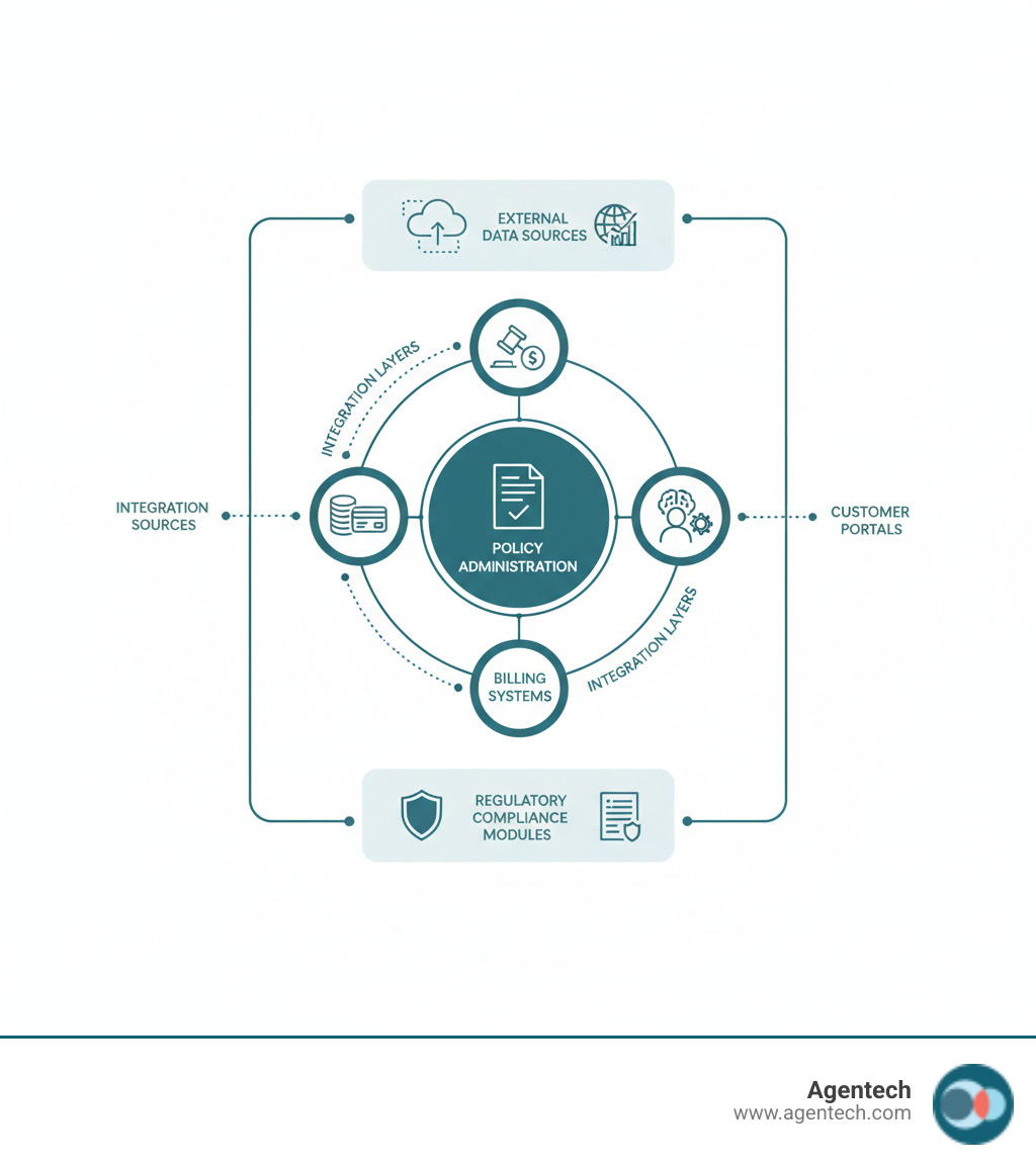 Comprehensive breakdown of modern P&C insurance technology stack showing policy administration at the core, surrounded by claims management, billing systems, customer portals, and AI analytics tools, with integration layers connecting to external data sources and regulatory compliance modules - insurance industry software infographic
