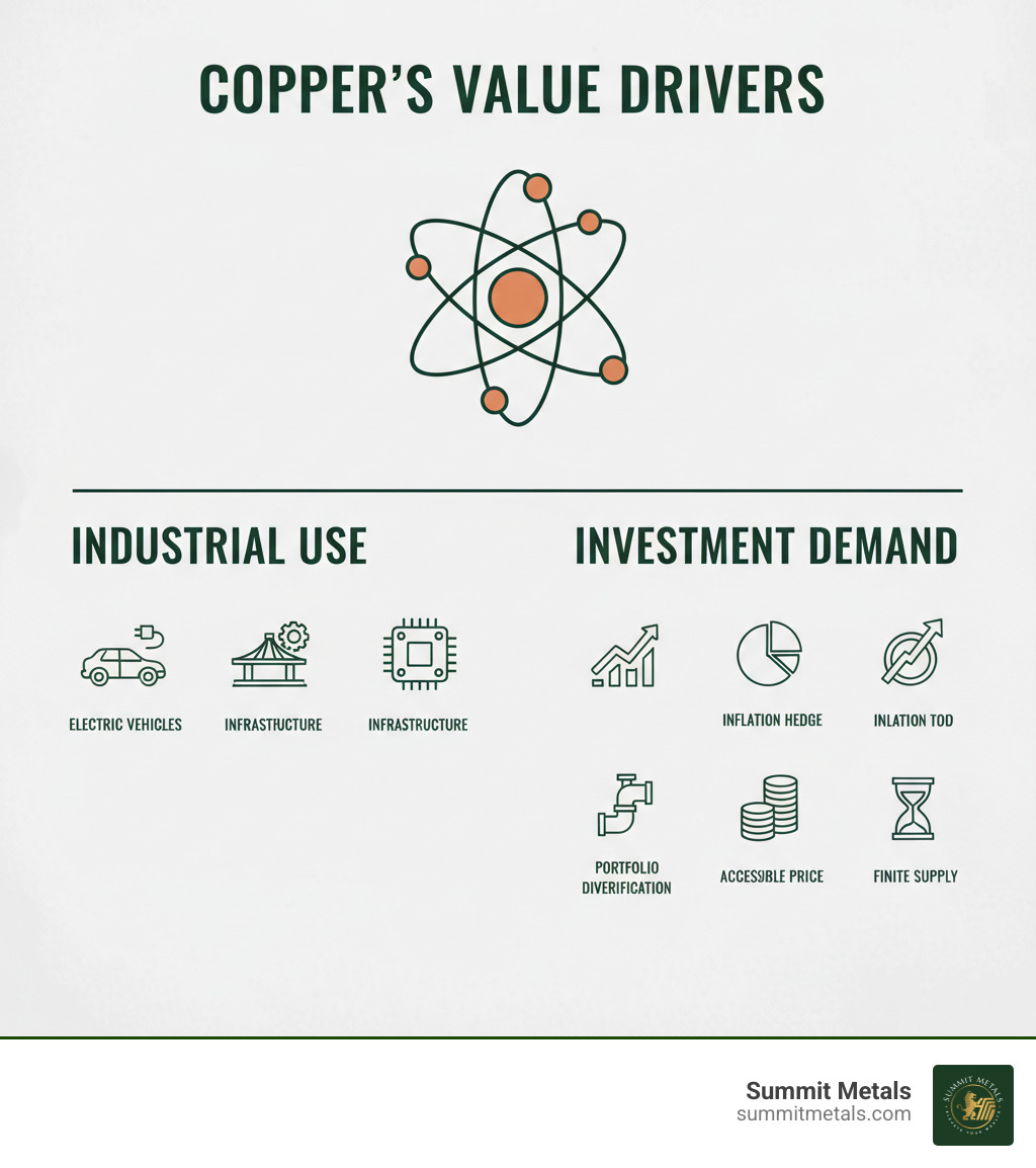 Infographic showing copper's value drivers split between Industrial Use (electric vehicles, infrastructure, electronics, plumbing) and Investment Demand (inflation hedge, portfolio diversification, accessible price point, finite supply) - selling copper bullion infographic  Infographic showing copper's value drivers split between Industrial Use (electric vehicles, infrastructure, electronics, plumbing) and Investment Demand (inflation hedge, portfolio diversification, accessible price point, finite supply) - selling copper bullion infographic
