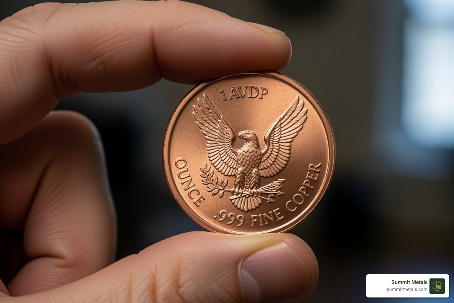 A hand holding a 1 oz copper round - selling copper bullion A hand holding a 1 oz copper round - selling copper bullion