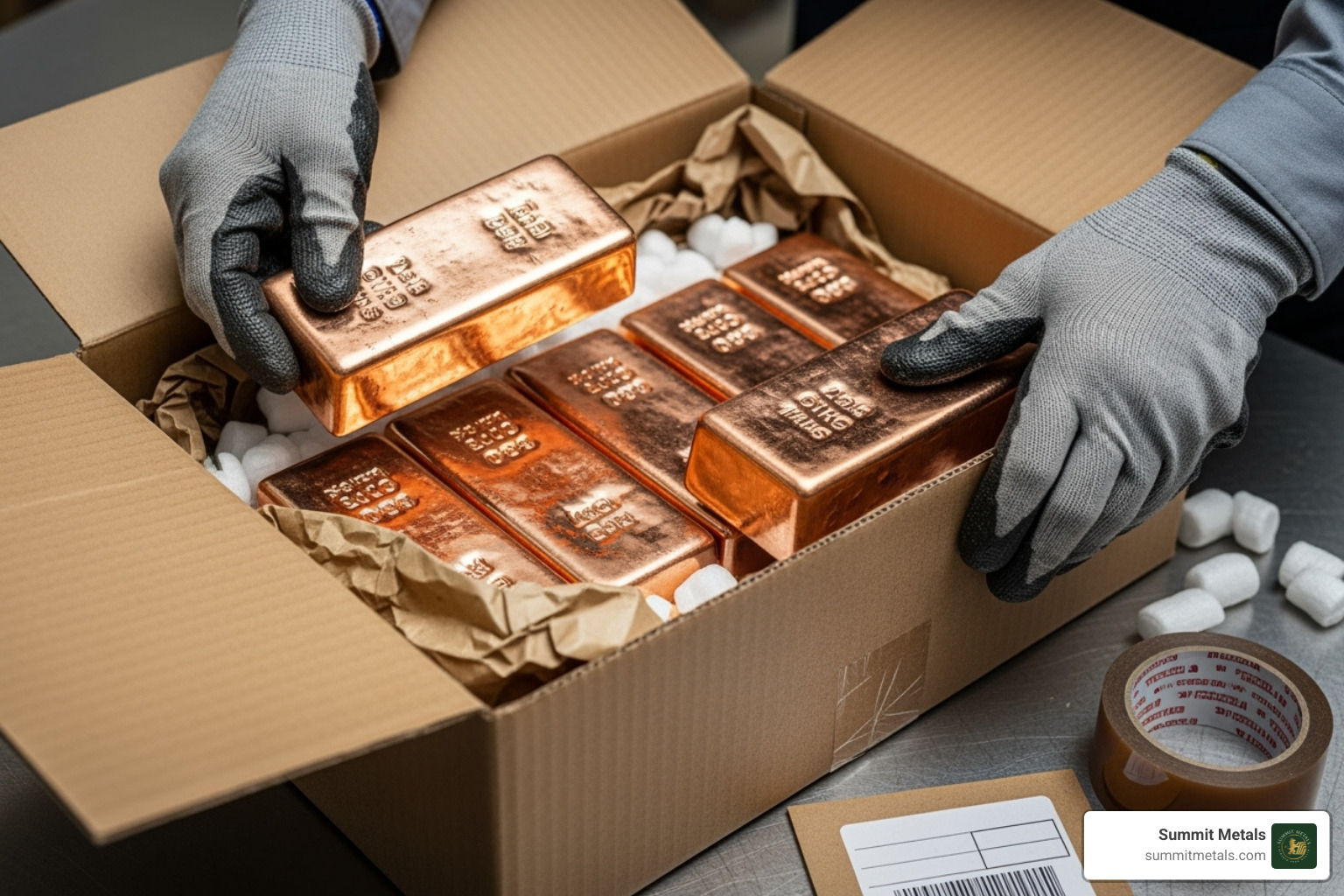 Securely packaging copper bars into a box for shipping - selling copper bullion Securely packaging copper bars into a box for shipping - selling copper bullion