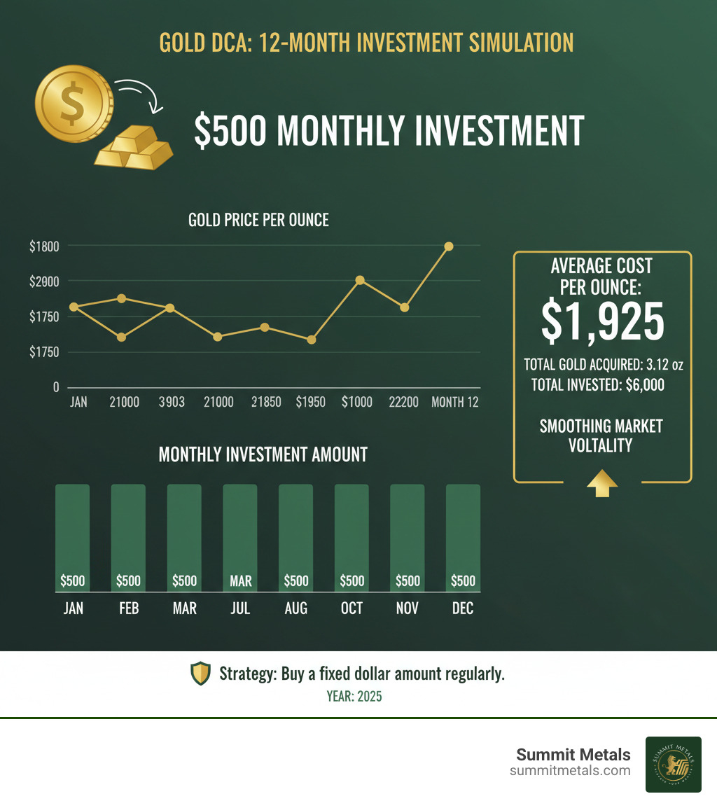 Infographic showing dollar-cost averaging concept: regular monthly investments of $500 into gold over 12 months, demonstrating how buying at different price points ($1,800, $2,000, $1,900, etc.) results in an average cost that smooths out market volatility, with visual charts showing price fluctuations and steady investment amounts - dollar cost averaging gold infographic  Infographic showing dollar-cost averaging concept: regular monthly investments of $500 into gold over 12 months, demonstrating how buying at different price points ($1,800, $2,000, $1,900, etc.) results in an average cost that smooths out market volatility, with visual charts showing price fluctuations and steady investment amounts - dollar cost averaging gold infographic