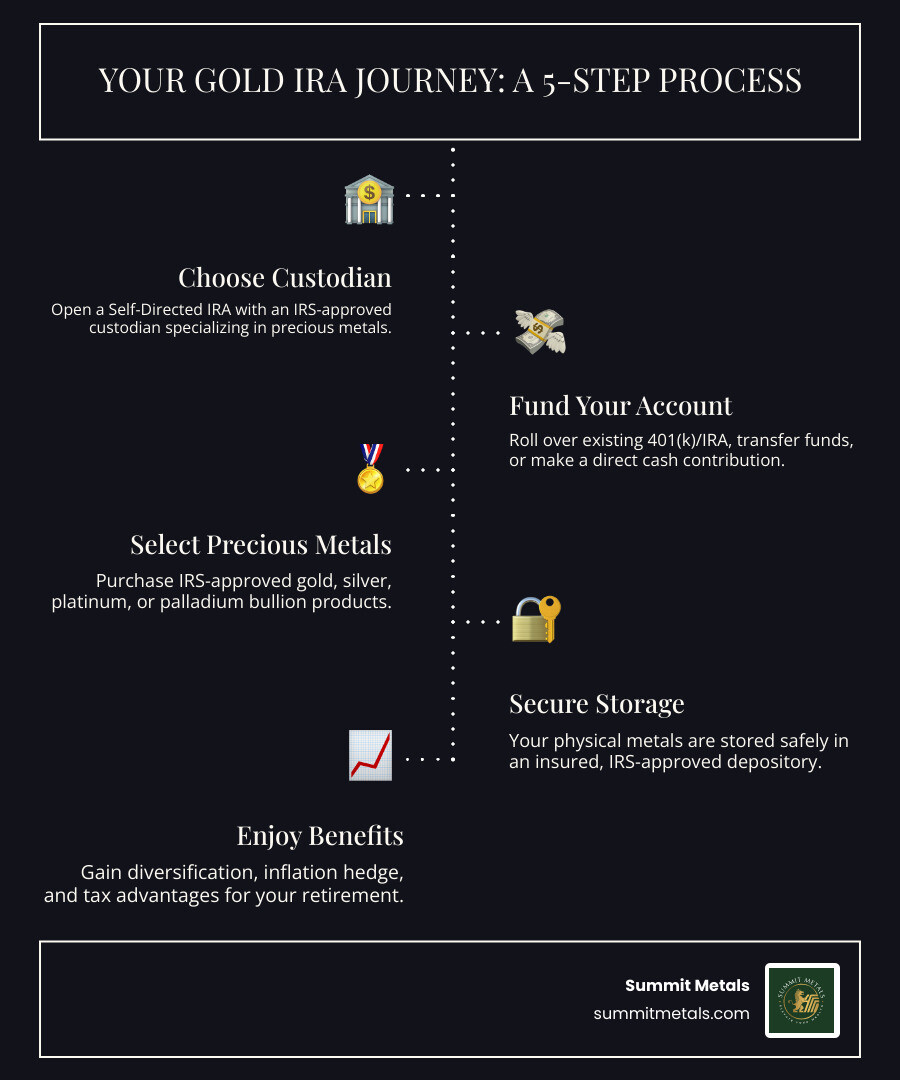Comprehensive infographic showing the complete gold IRA retirement planning process from account setup through metal storage, including contribution limits, eligible metals with purity standards, custodian roles, IRS-approved depositories, and tax advantages comparison between traditional and Roth gold IRAs - gold ira retirement planning infographic infographic-line-5-steps-dark Comprehensive infographic showing the complete gold IRA retirement planning process from account setup through metal storage, including contribution limits, eligible metals with purity standards, custodian roles, IRS-approved depositories, and tax advantages comparison between traditional and Roth gold IRAs - gold ira retirement planning infographic infographic-line-5-steps-dark