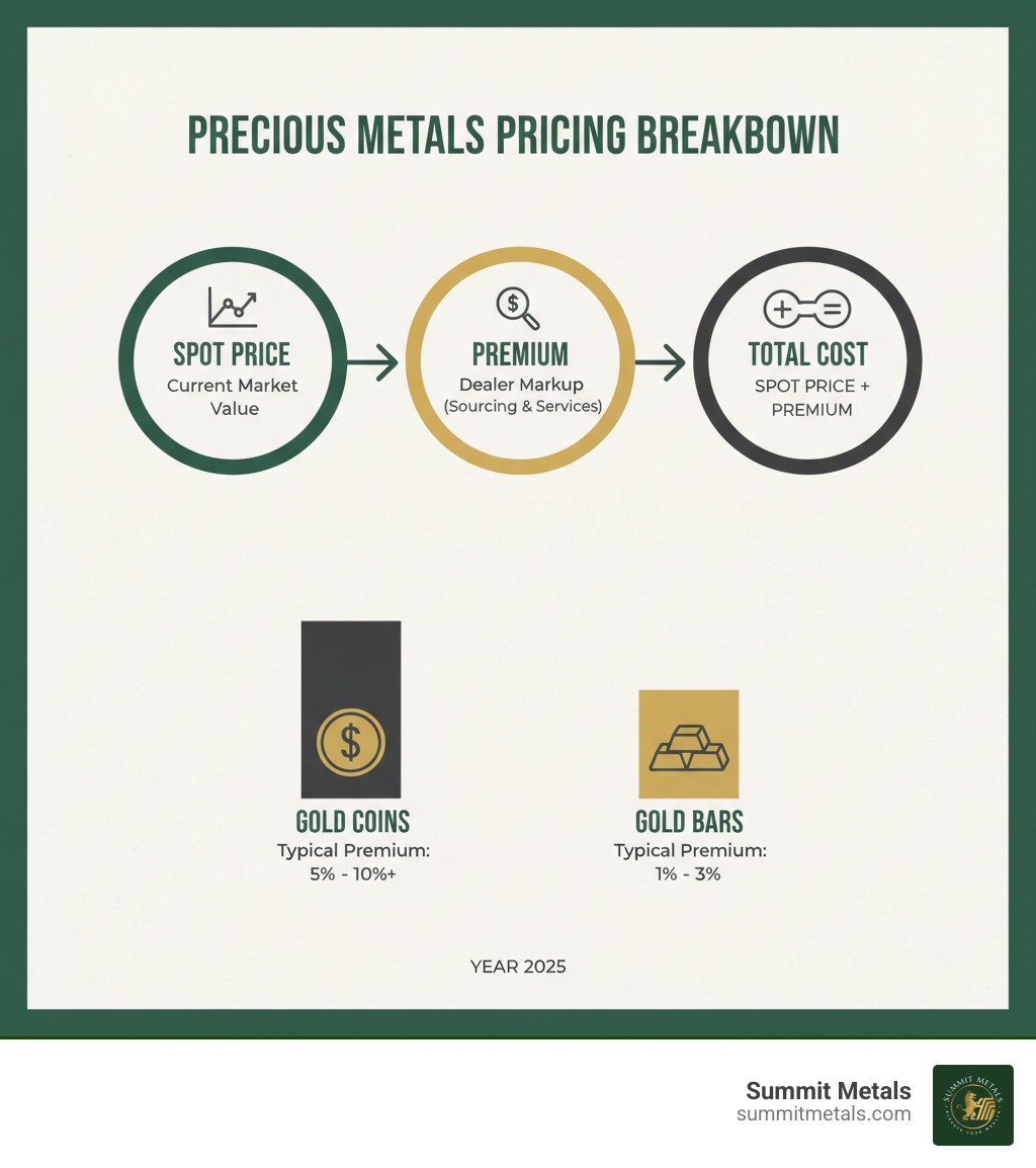 Infographic showing the breakdown of precious metals pricing: spot price (current market value), premium (dealer markup for sourcing and services), and total cost (spot price plus premium), with examples of typical premiums for gold coins vs gold bars - precious metal broker infographic 