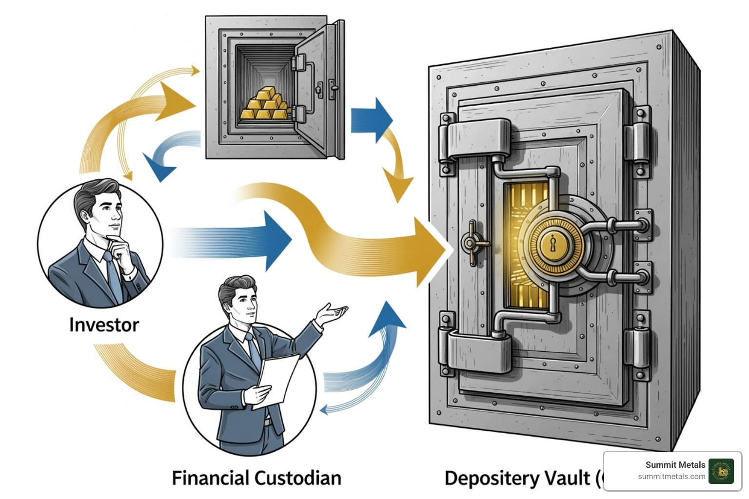 illustrating the structure of a Gold IRA with a custodian, depository, and the investor - gold ira retirement planning illustrating the structure of a Gold IRA with a custodian, depository, and the investor - gold ira retirement planning
