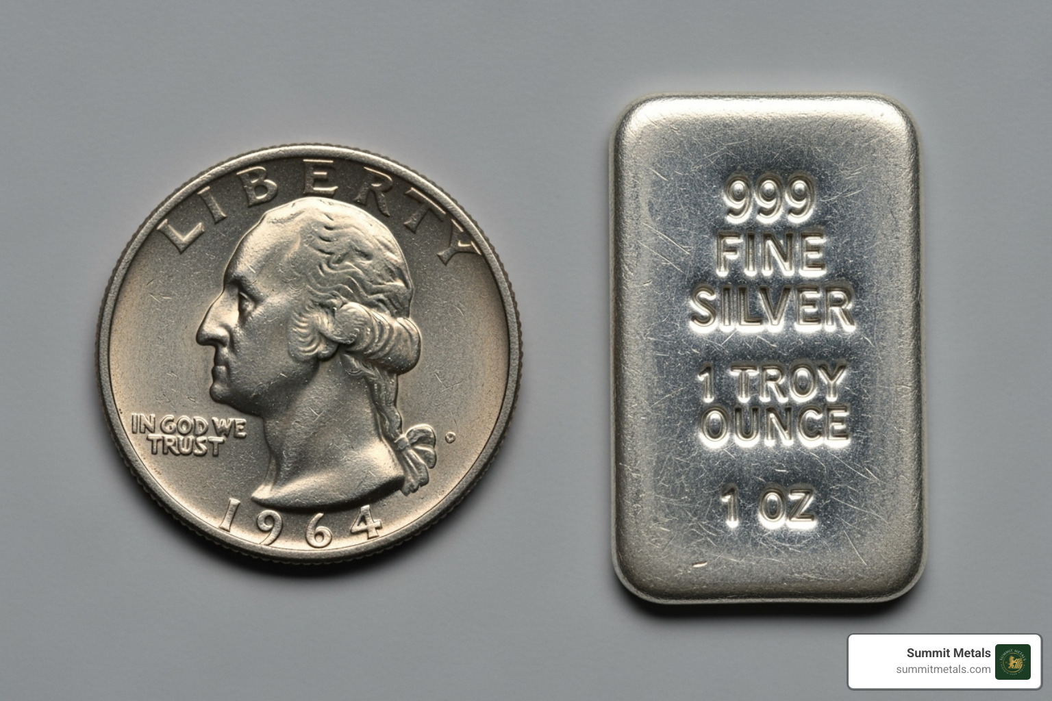 side-by-side comparison of a 1964 Washington quarter and a silver bar from Summit Metals - bulk silver coin prices