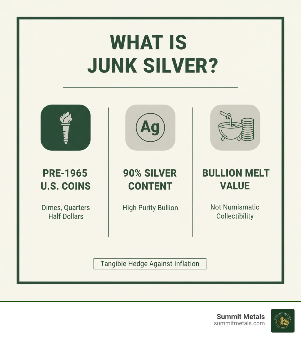 Infographic explaining what junk silver is: pre-1965 U.S. coins, 90% silver content, and valued for bullion melt value over numismatic collectibility - junk silver prices chart infographic 
