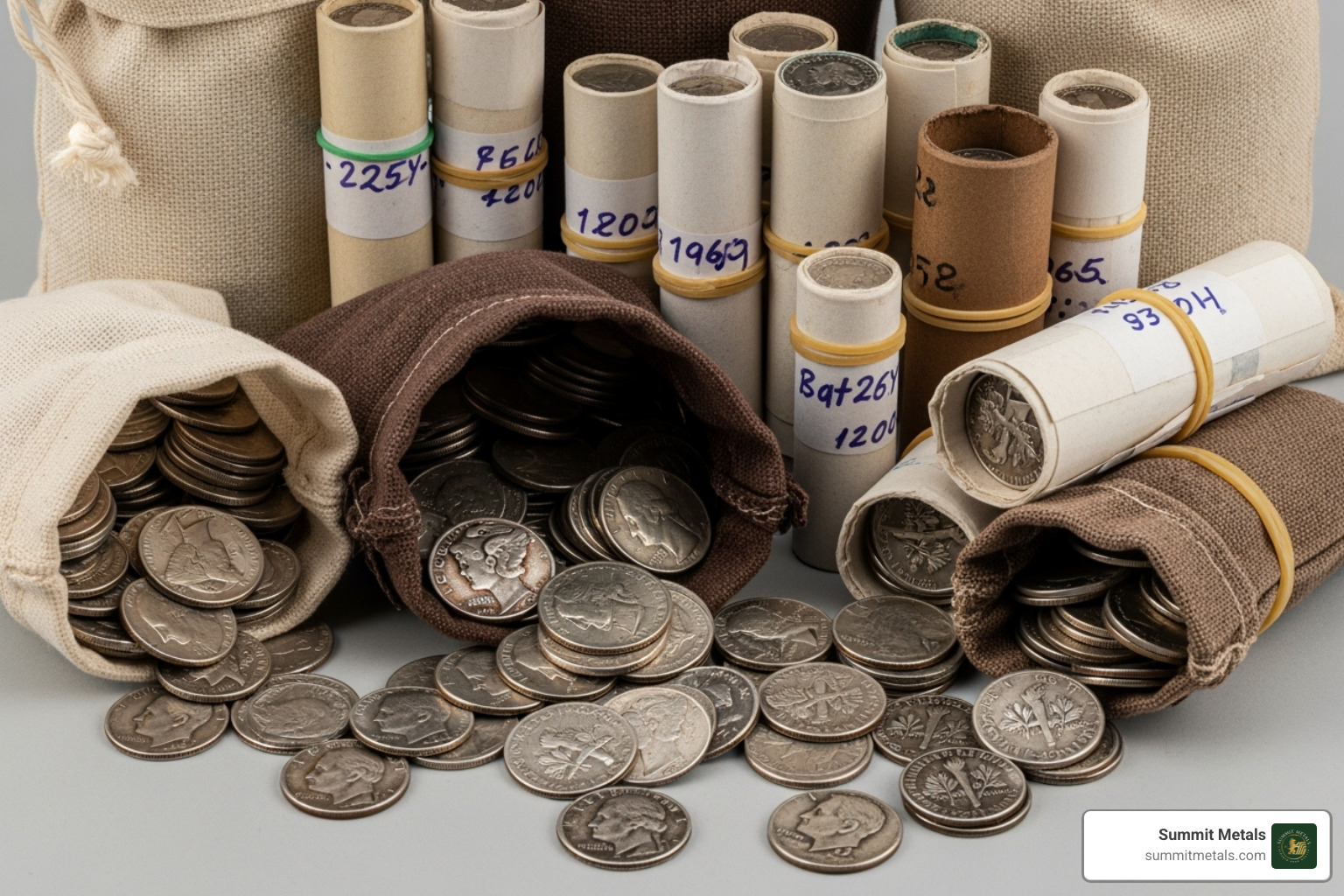 Bags and rolls of junk silver, common ways to buy in bulk - junk silver prices chart