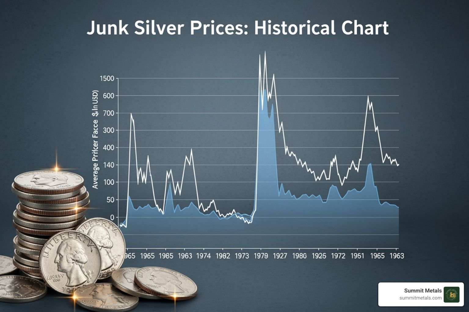 A side-by-side comparison of a common 1964 Washington quarter (junk silver) and a rare, professionally graded quarter (numismatic value) - junk silver prices chart