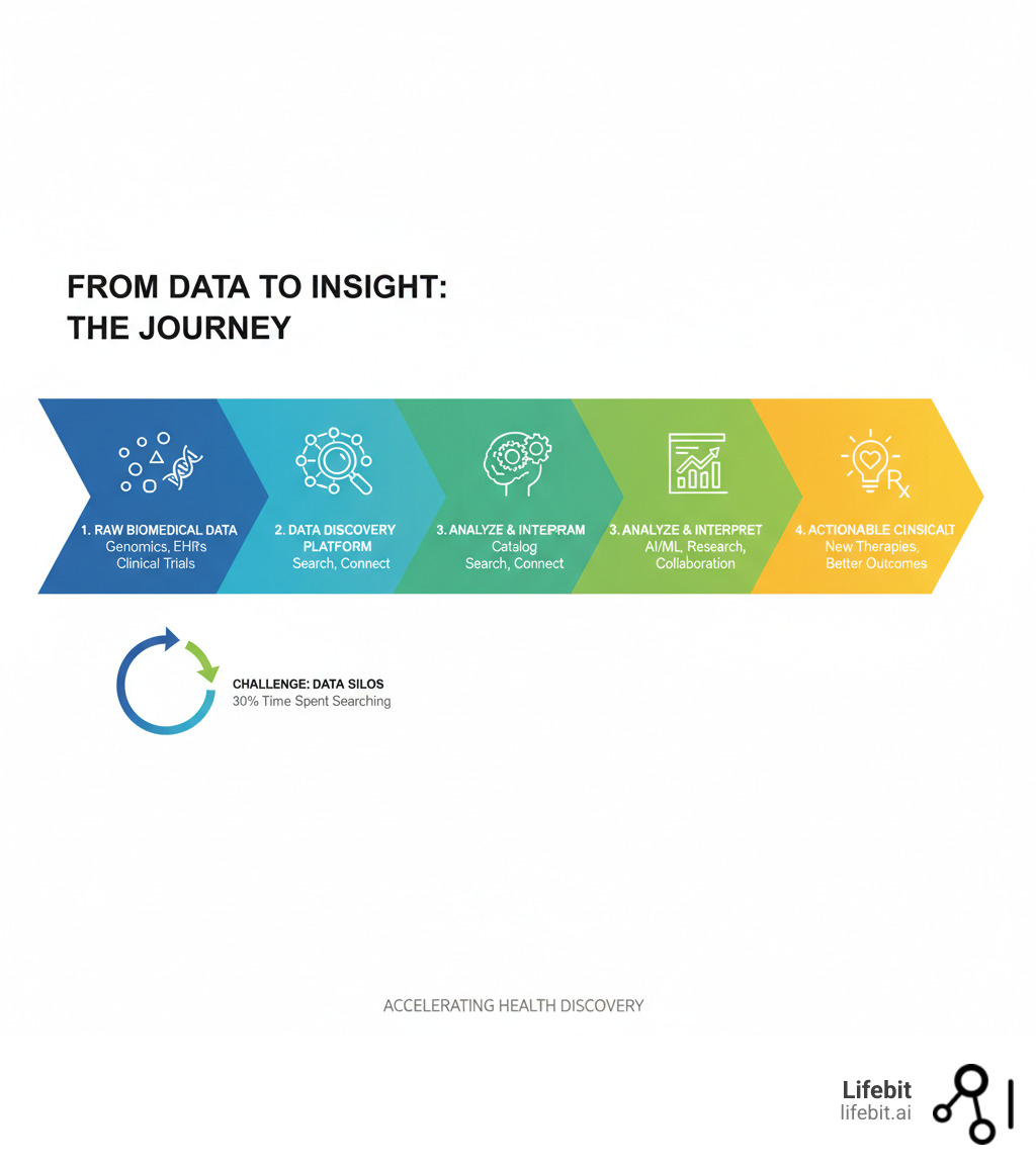 Infographic explaining the journey from raw biomedical data to actionable clinical insight using a data findy platform - data findy platform infographic 