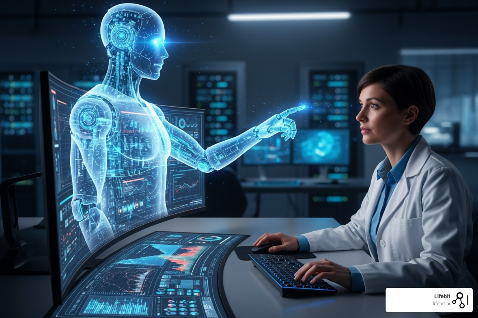 AI bot suggesting relevant datasets to a scientist on a screen - data findy platform