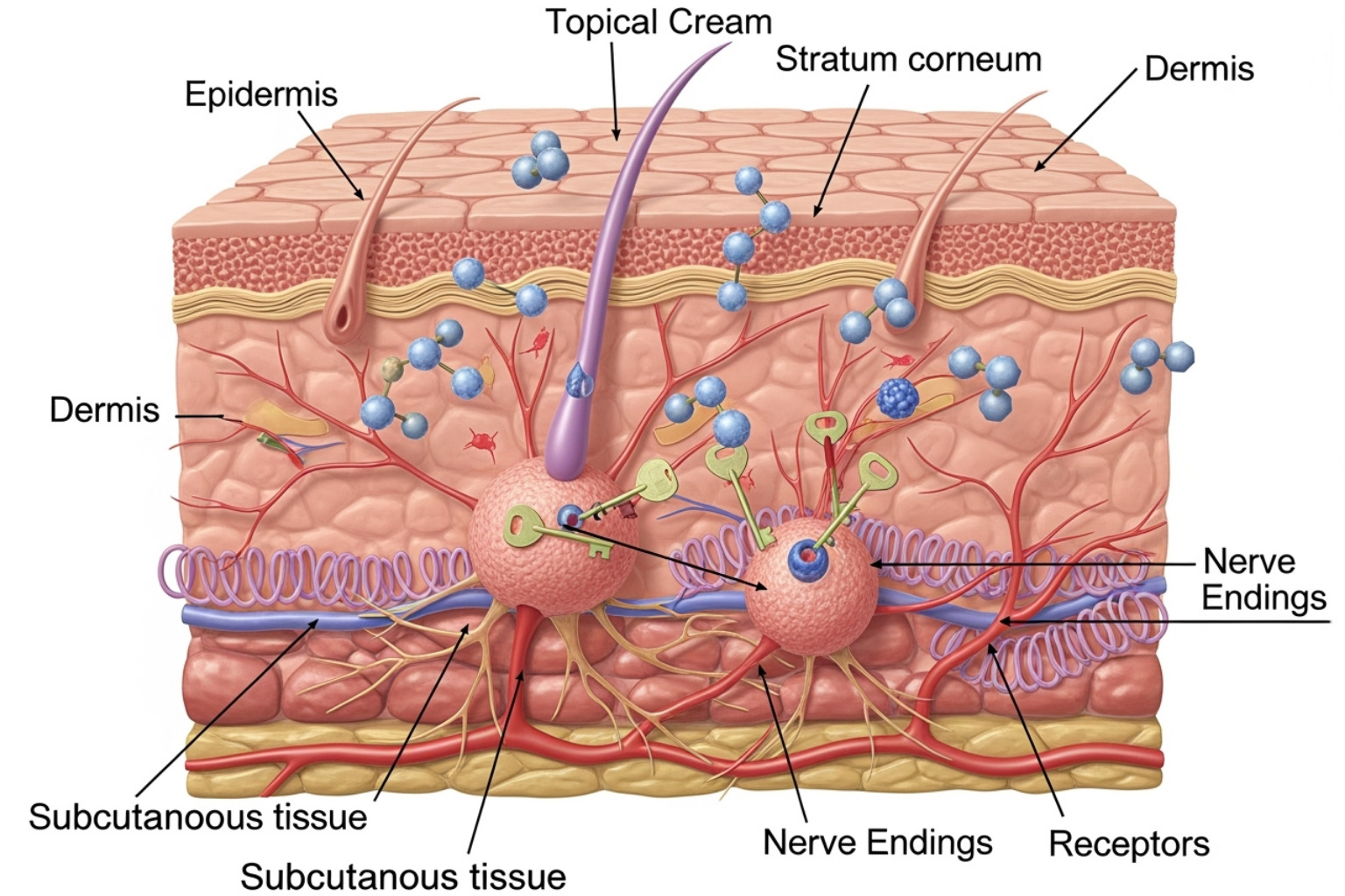 Diagram of how Neuropasil's topical ingredients interact with nerve receptors in the skin - Nerve Pain Relief Cream