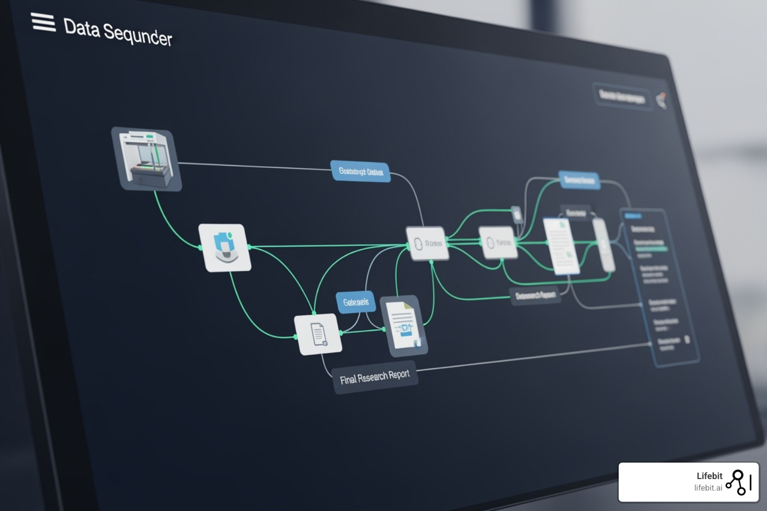 Dashboard showing data lineage from a genomic sequencer to a research report - data findy platform