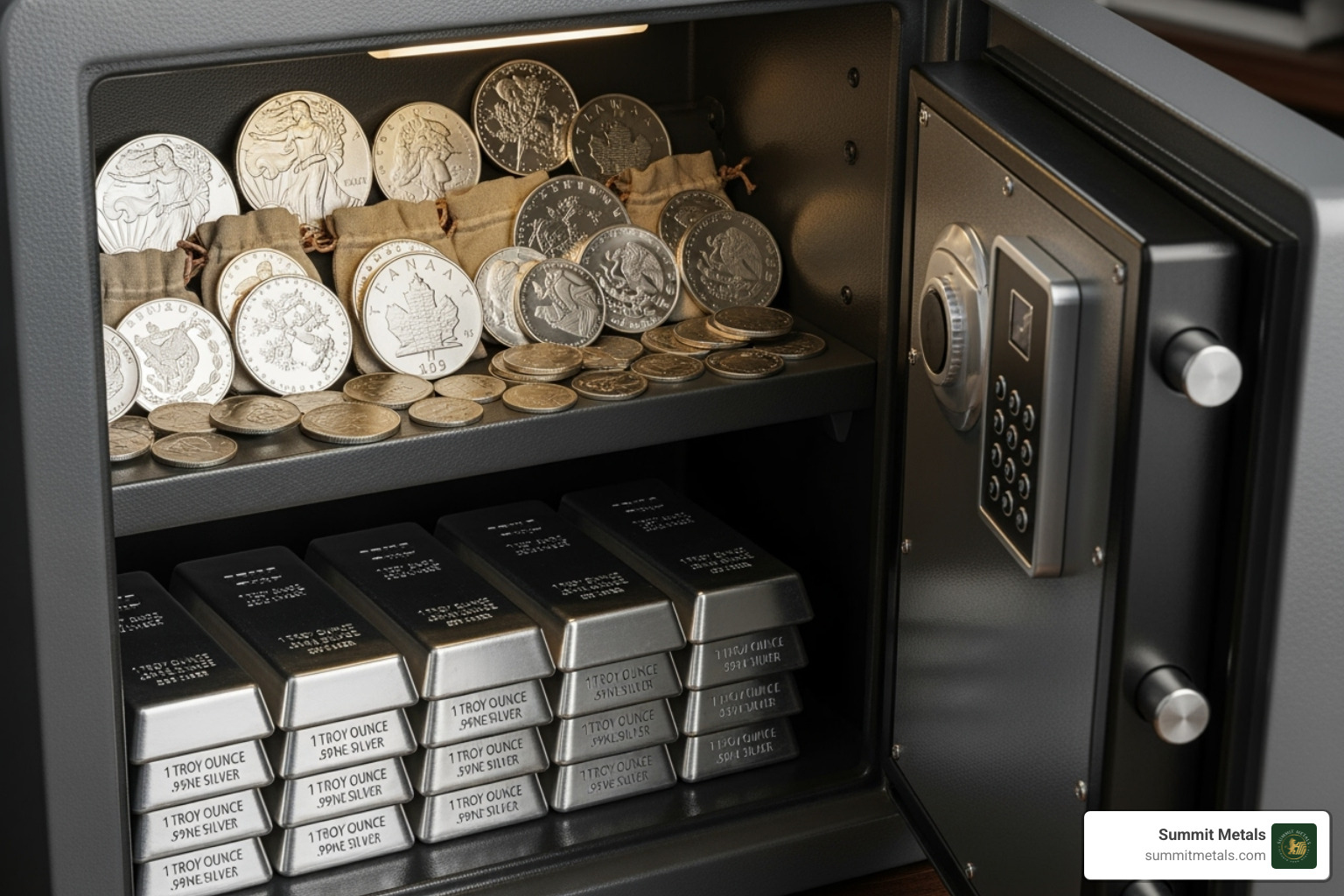 Image of silver bars and coins stored securely in a home safe - silver for sale online