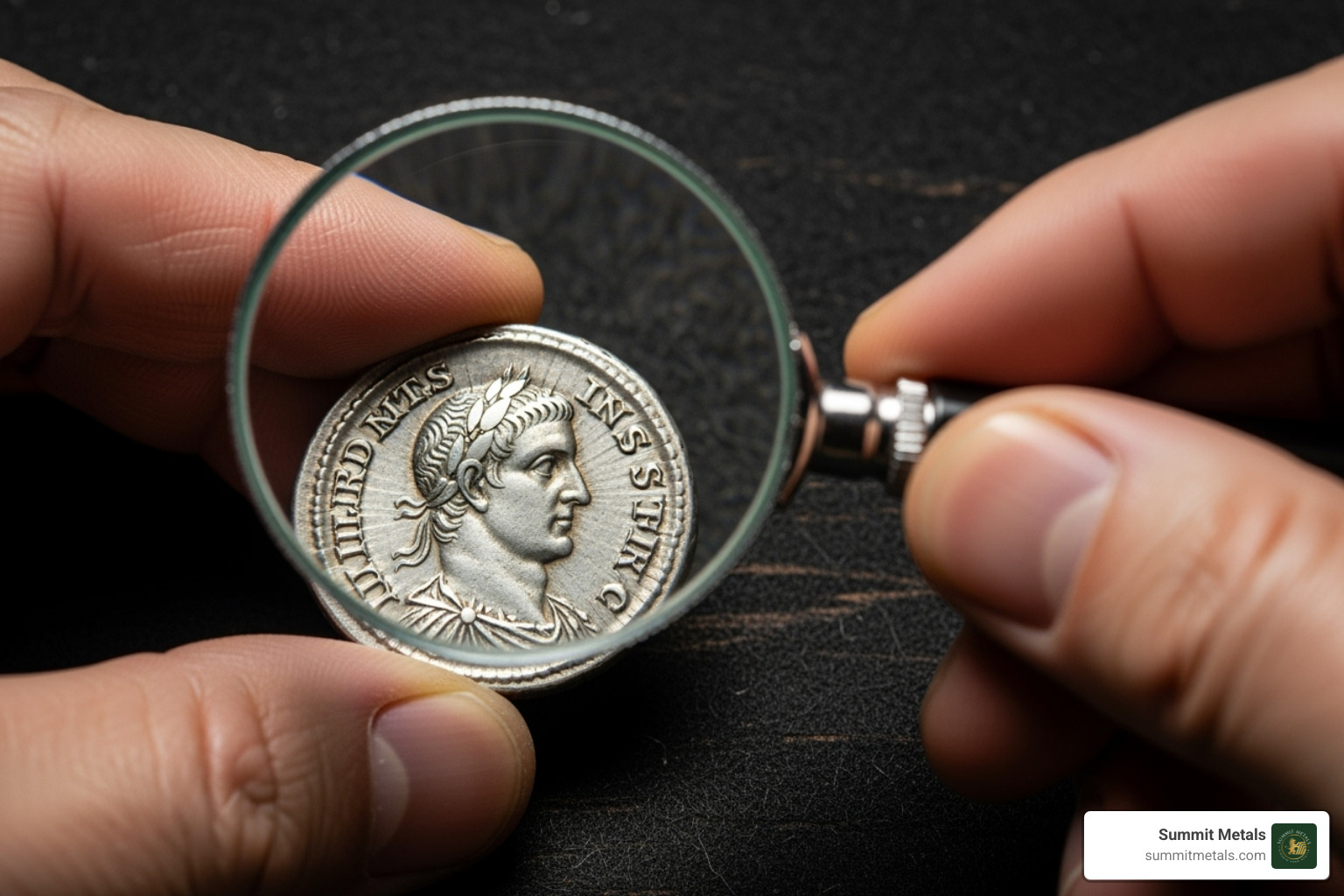 Image of a person inspecting a silver coin with a magnifying glass - silver for sale online