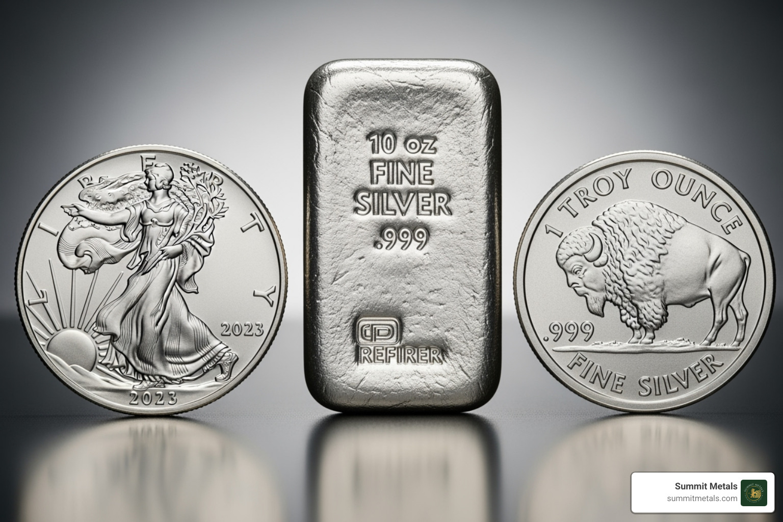 Image of a silver coin, a silver bar, and a silver round side-by-side - silver for sale online