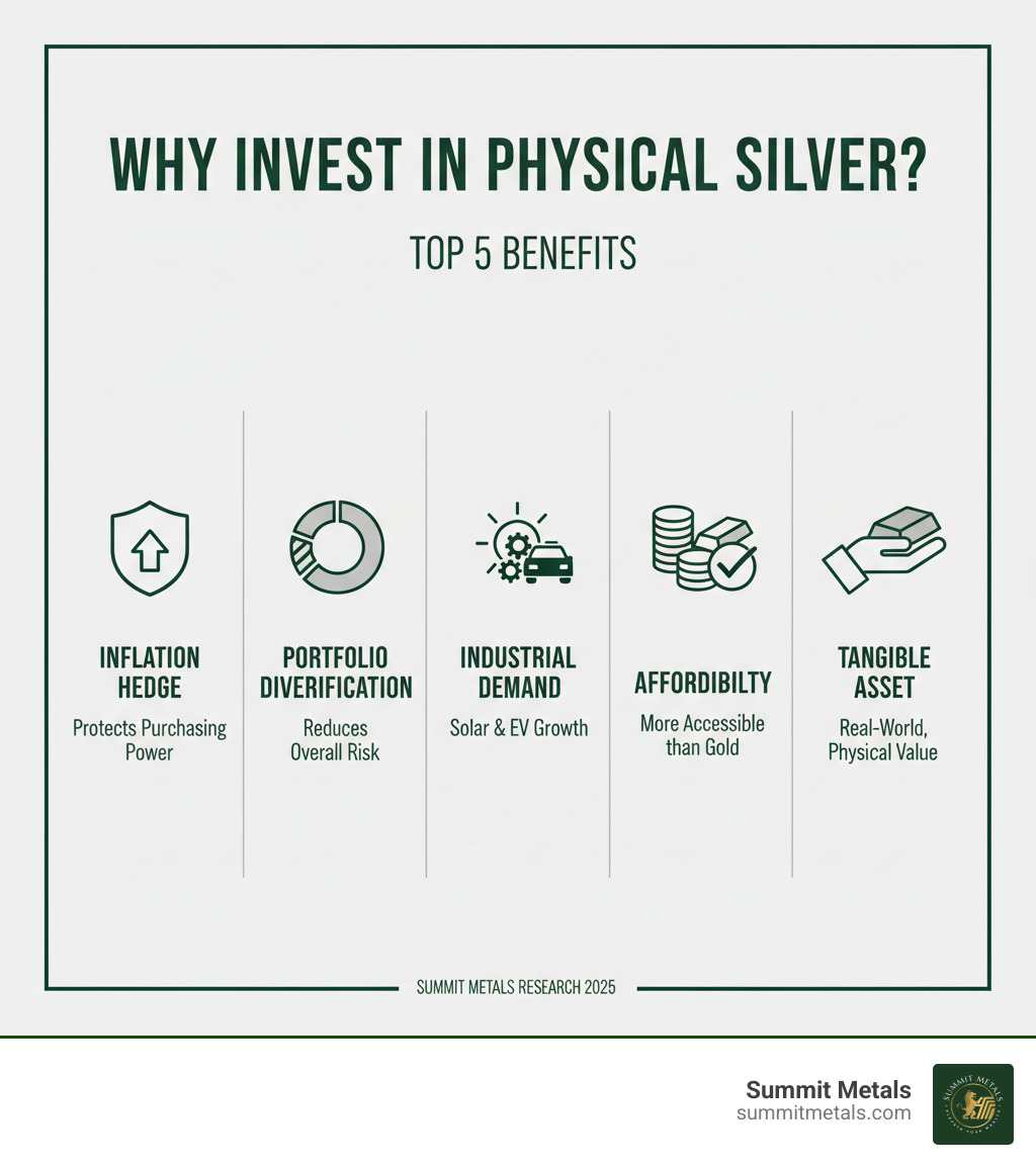Comprehensive comparison chart showing the top 5 reasons to invest in physical silver: inflation hedge protection, portfolio diversification benefits, industrial demand growth in solar and EV sectors, affordability compared to gold, and tangible asset ownership advantages - silver for sale online infographic 