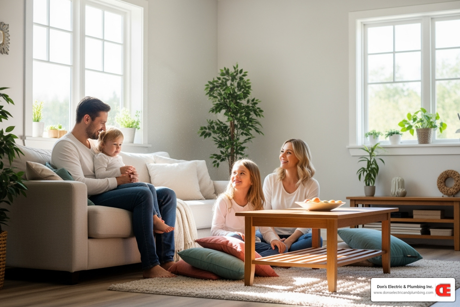 A family breathing easily in a clean living room, enjoying fresh air - air duct contractor gloversville