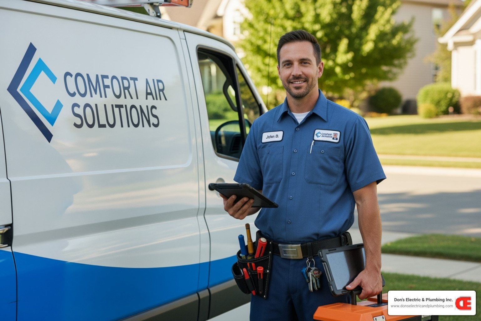 A professional technician with an ID badge and branded vehicle, ready for service - air duct contractor gloversville