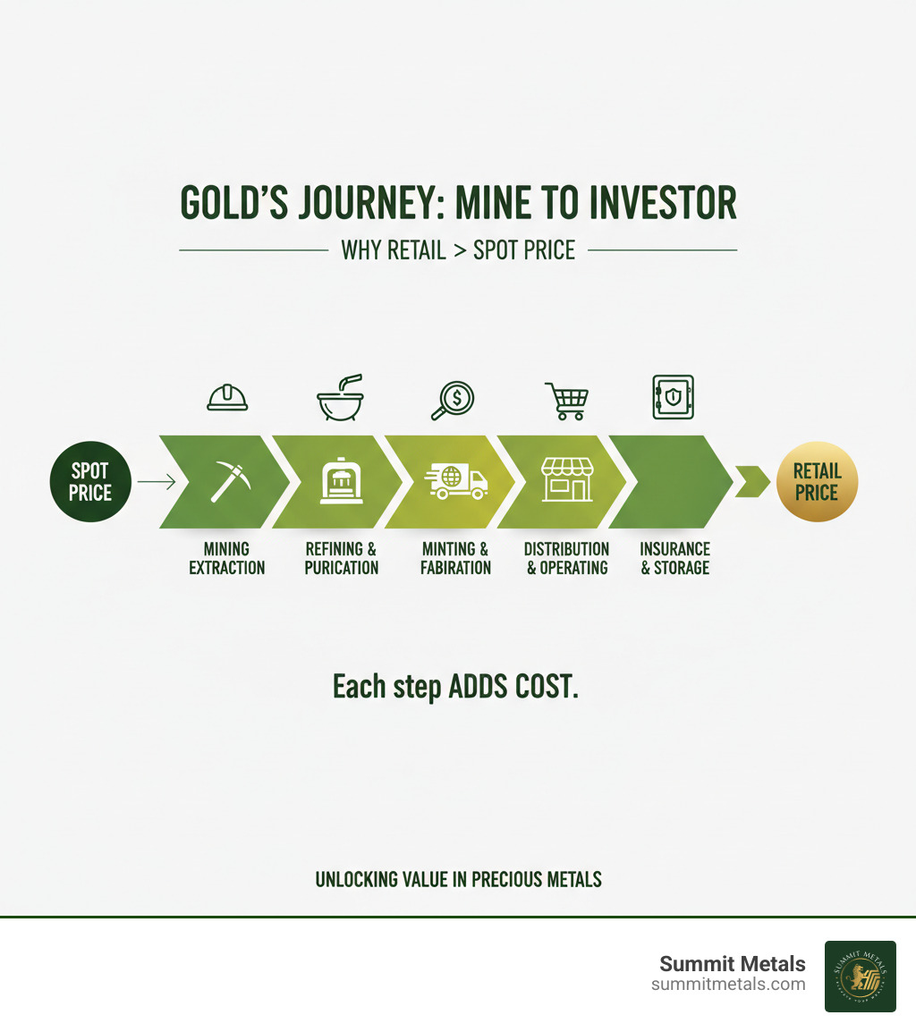 Infographic showing the journey of gold from mine to investor, with cost addition points including mining extraction costs, refining and purification fees, minting and fabrication charges, distribution and shipping expenses, dealer markup and operating costs, and insurance and storage fees, illustrating why retail prices exceed spot price - how to buy gold and silver at spot price infographic  Infographic showing the journey of gold from mine to investor, with cost addition points including mining extraction costs, refining and purification fees, minting and fabrication charges, distribution and shipping expenses, dealer markup and operating costs, and insurance and storage fees, illustrating why retail prices exceed spot price - how to buy gold and silver at spot price infographic