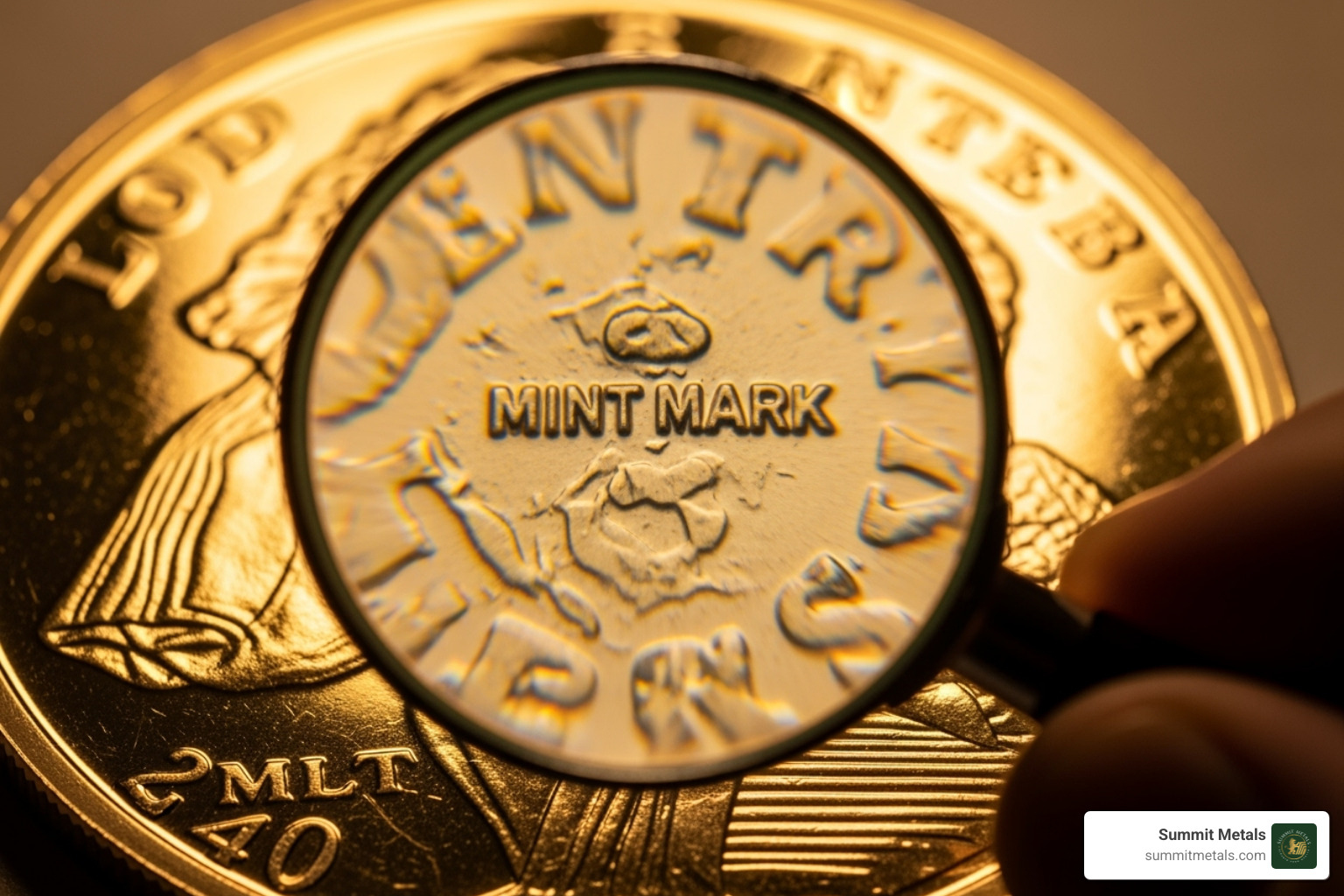 A magnifying glass over a gold coin's mint mark, symbolizing authentication - how to buy gold and silver at spot price A magnifying glass over a gold coin's mint mark, symbolizing authentication - how to buy gold and silver at spot price