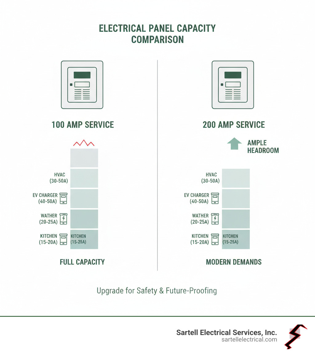 Infographic showing electrical panel capacity comparison between 100 amp and 200 amp services, including typical appliance loads like HVAC (30-50 amps), electric vehicle charger (40-50 amps), electric water heater (20-25 amps), and kitchen appliances (15-20 amps each), demonstrating how a 200 amp service provides adequate headroom for modern electrical demands - change electrical panel from 100 to 200 cost infographic 